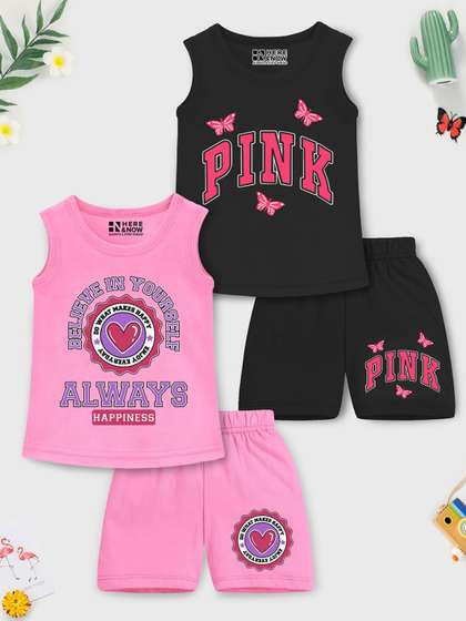 HERE&NOW Girls Pack
                    Of 2 Graphic Printed Sleeveless T-Shirts With
                    Shorts