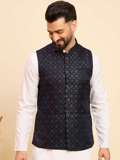 House of Pataudi
                        Woven Design Mandarin Collar Nehru Jacket