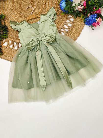 Tejam Girls Satin
                    Embellished Flutter Sleeves Fit & Flare Dress