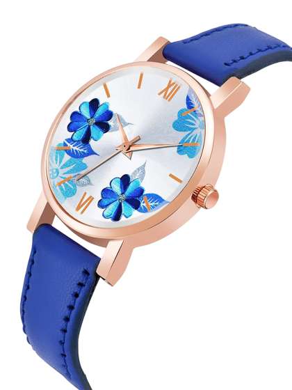 JUST LIKE Girls Printed Dial & Stainless Steel Straps Analogue Watch 81-Flowers Blue