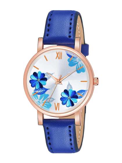 JUST LIKE Girls Printed Dial & Stainless Steel Straps Analogue Watch 81-Flowers Blue