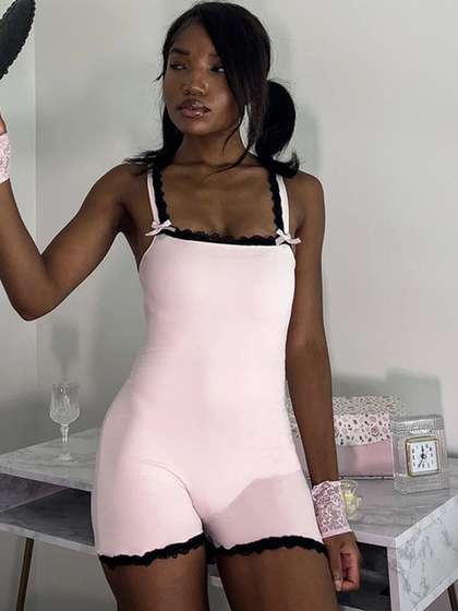 LULU & SKY Women
                        Solid Contrast Lace Trim Playsuit