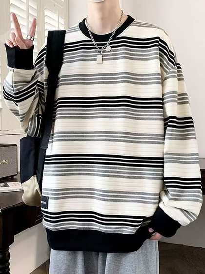 StyleCast x Revolte
                        Men Striped Round Neck Pullover Sweatshirt