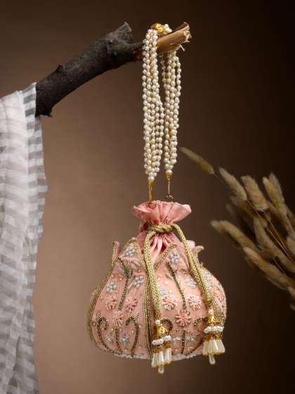 Anekaant Lotus
                        Pastel Peach & Gold Floral Embellished
                        Velvet Potli