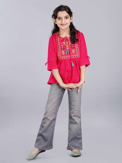 DMP FASHION Girls
                      Ethnic Motifs Embroidered Tie-Up Neck A-Line Top