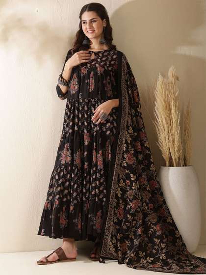 KIMAYRA Women
                          Floral Printed Cotton Anarkali Tiered Kurta
                          with Trousers & Dupatta