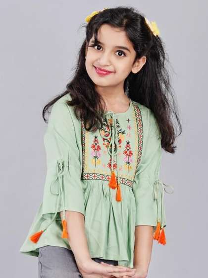 DMP FASHION Girl Floral
                    Embellished Tie-Up Neck Bell Sleeve Top