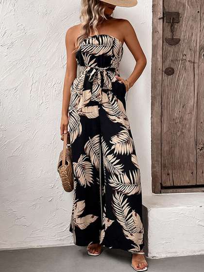 StyleCast Black
                          Off-Shoulder Printed Tie-Up Neck Basic
                          Jumpsuit