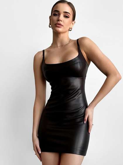 StyleCast x Revolte
                      Shoulder Straps Leather Ruched Bodycon Mini Dress