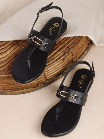 Ladies Hub Women
                        Striped T-Strap Flats with Buckles