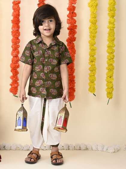 MoMaa Boys Printed
                        Short Sleeves Pure Cotton Shirt With Dhoti Pant