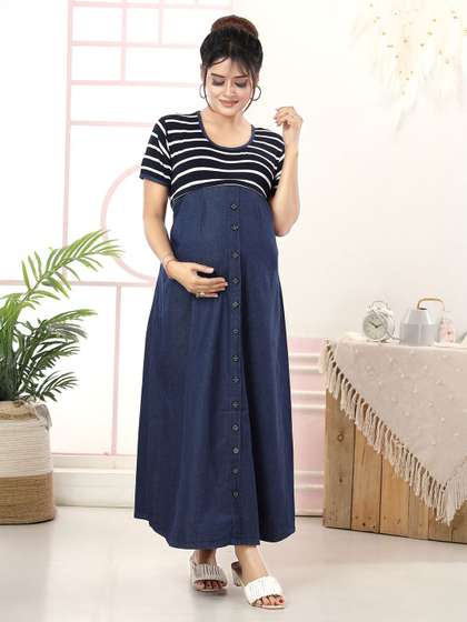 MomsBae Women
                        Striped Cotton Maternity A-Line Maxi Dress