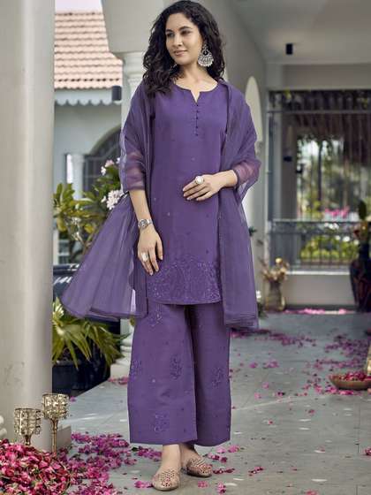 Tikhi Imli Floral
                        Embroidered Notch Neck Straight Kurta With
                        Trousers And Dupatta