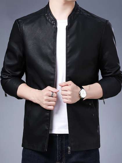 StyleCast x
                          Revolte Men Mandarin Collar Solid PU Casual
                          Windcheater Jacket