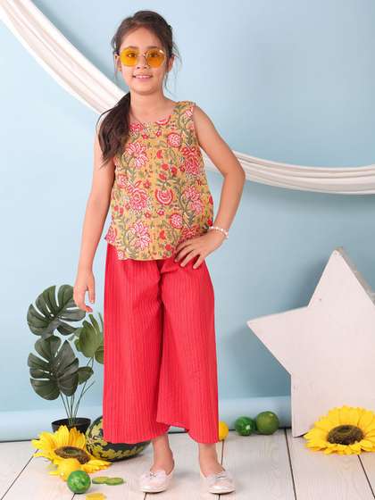 Sangria Girls Floral
                    Printed Round Neck Pure Cotton Top & Palazzo