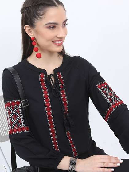 Vishudh Women Self
                        Design Embroidered Mandarin Collar Top