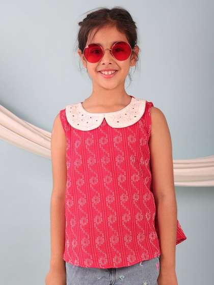 Sangria Girls Self
                    Design Peter Pan Collar Top