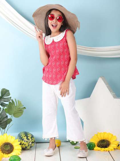 Sangria Girls Ethnic
                        Motifs Printed Pure Cotton Top With Trousers
                        Clothing Set