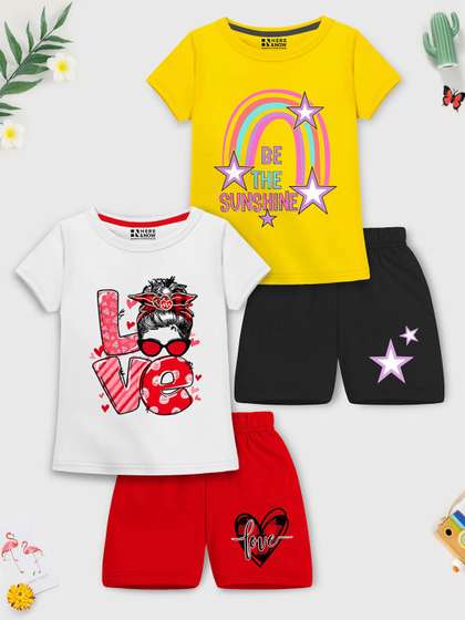HERE&NOW Girls Pack
                    Of 2 Graphic Printed Round Neck T-Shirts With
                    Shorts
