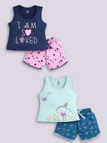 TINY BINY Girls Pack Of
                    2 Printed Round Neck Sleeveless Pure Cotton T-shirt
                    With Shorts
