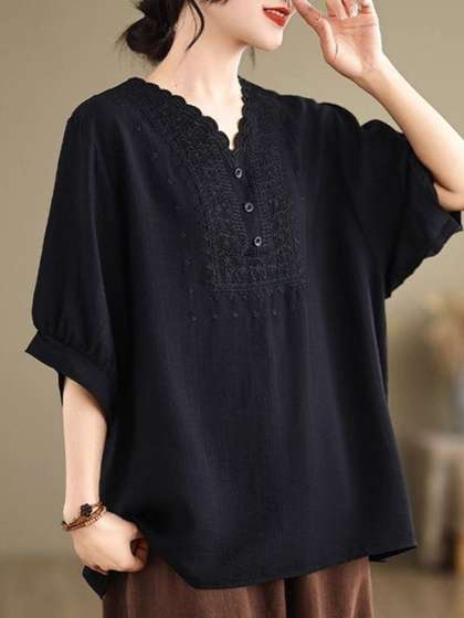 DressBerry Women
                        Solid V-Neck Extended Sleeves Cotton Top