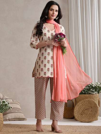 Khushal K Women
                        Floral Printed Cotton Kurta with Palazzos &
                        Dupatta