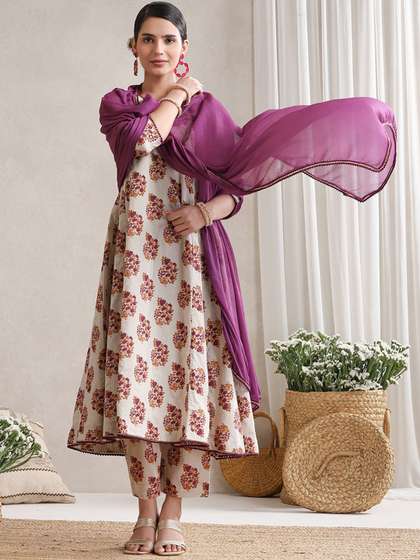 Khushal K Floral
                      Printed V-Neck Pure Cotton A-Line Kurta with
                      Trousers And Dupatta