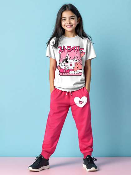 YK X Trampoline
                        Girls Round Neck Printed T-shirt With Joggers