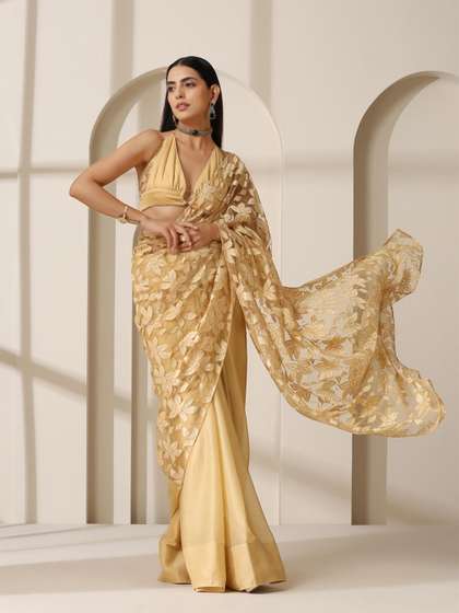 Floral Net Cream Gold Saree