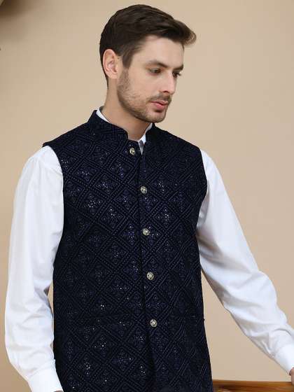 Jompers Men
                        Embroidered Sequins Velvet Nehru Jacket