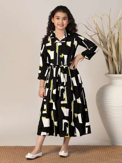 FASHION DREAM Girls
                      Abstract Printed Cotton Shirt Collar Fit &
                      Flare Midi Dress