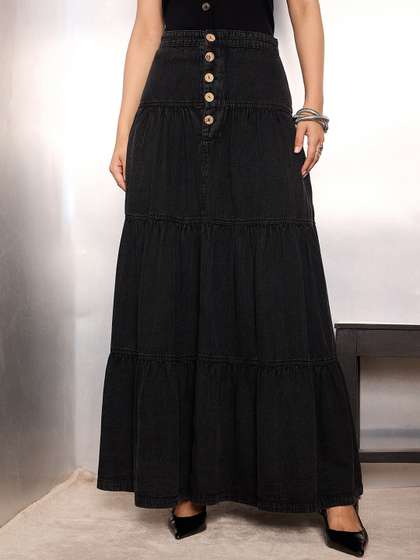 SASSAFRAS Women
                          Denim Flared Maxi Skirts