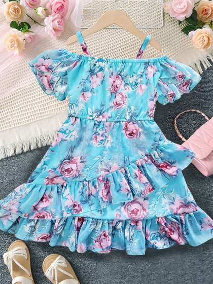 Billion Dezine Girl
                      Floral Print Cold-Shoulder Ruffles Georgette Fit
                      & Flare Midi Dress