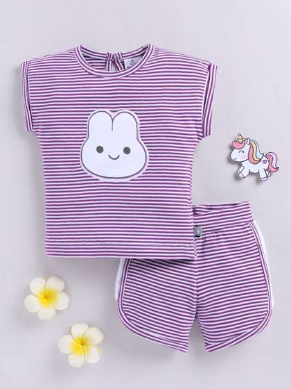 YK X Tinyo
                              Infant Girls Pure Cotton Striped Rabbit
                              Applique Detail Top & Shorts