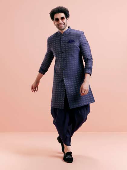 KISAH Men
                          Self-Design Mandarin Collar Kurta Indowestern
                          Sherwani Dhoti Set