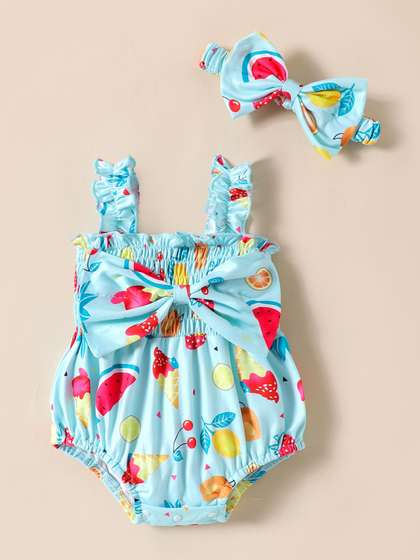Hopscotch Girls Fruit
                    Printed Oversized Bow Onesie with Hairband