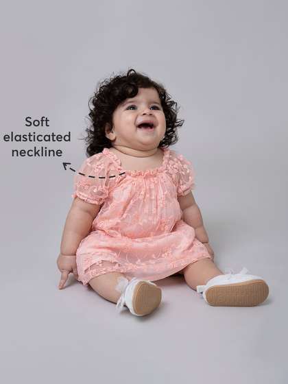 Hopscotch Girls Self
                      Design Puff Sleeves Net A-Line Dress