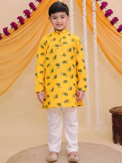 Aj DEZInES Boys Yellow
                    Pure Cotton Full sleeves Krishna Mor Pankh Printed
                    Kurta Pyjama Set