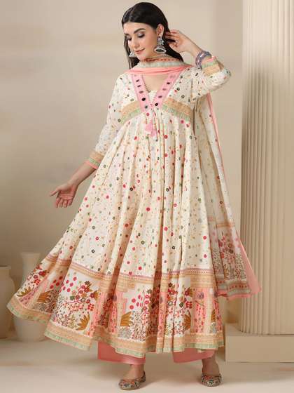 Mizaz Women Floral
                          Printed Cotton Anarkali Kurta with Trousers
                          & Dupatta