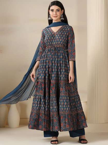 Mizaz Floral Printed
                        V-Neck Pure Cotton Anarkali Kurta With Trousers
                        & Dupatta