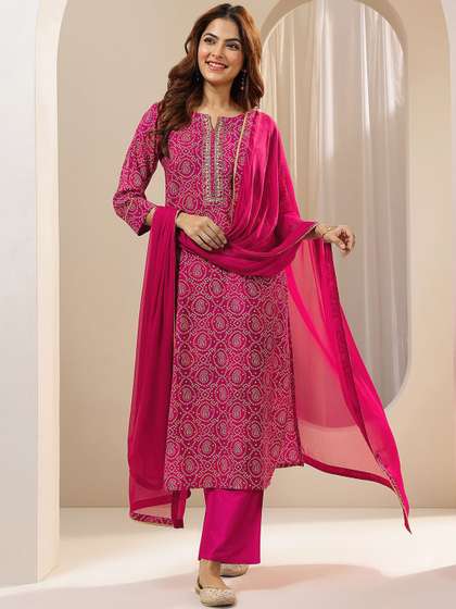 Libas Bandhani
                        Printed Notch Neck Zari Straight Kurta With
                        Trousers & Dupatta