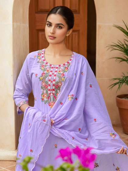 Skylee Pop Women
                        Ethnic Motifs Embroidered Thread Work Kurta with
                        Trousers & Dupatta