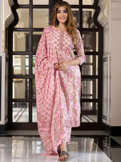 KALINI Floral
                          Printed Sequinned Pure Cotton Straight Kurta
                          With Trousers & Dupatta