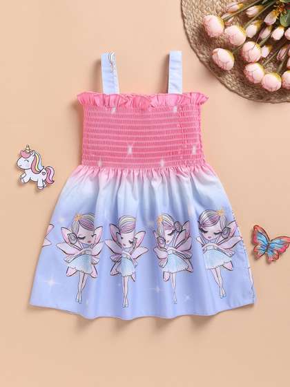 Toonyport Girls Graphic
                    Printed Smocked Fit and Flare Knee Length Dress