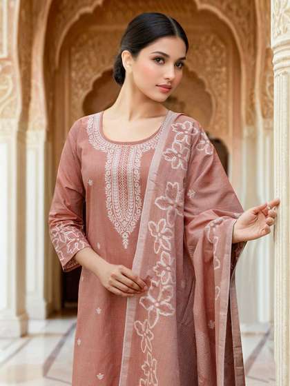 Skylee Pop Floral
                          Embroidered Thread Work Straight Kurta With
                          Trousers & Dupatta