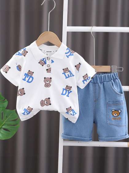 KIDNIP Boys Teddy
                    Printed Cotton T-Shirt & Denim Shorts