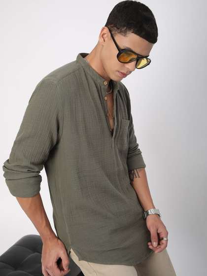 VASTRADO Band Collar
                        Double Cloth Crinkled Pure Cotton Kurta