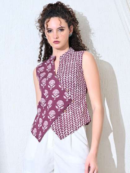 KALAMIR Floral
                        Printed Mandarin Collar Cotton Top