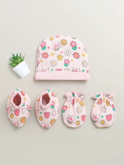 BUMZEE Infant Girls
                      Cotton Cap Mitten & Bootie Set