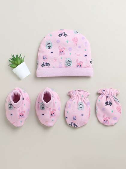 BUMZEE Infant Girls
                    Cotton Cap Mitten & Bootie Set